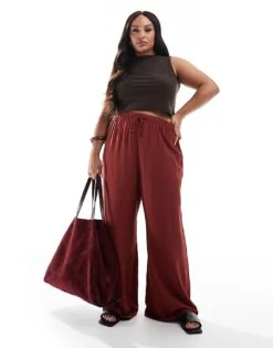 New Look Plus New Look Curve Wide Leg Crinkle Trousers In Rust For Women