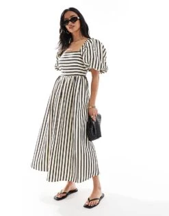 New Look Petite Puff Sleeve Milkmaid Midi Dress In Cream Stripe For Women Cream Pattern