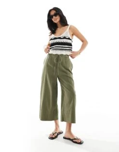 New Look Petite Cropped Linen Trousers In Khaki For Women