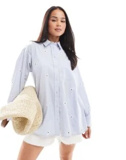 New Look Daisy Embroidered Shirt In Blue For Women Blue Pattern