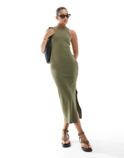 New Look Ribbed Racer Back Midi Dress In Khaki For Women Dark Khaki