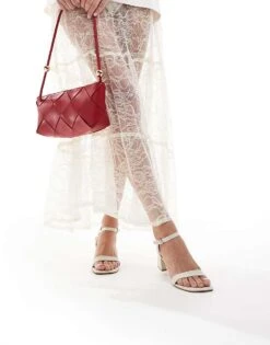 New Look Block Heeled Sandal In Linen Blend For Women Cream Pattern