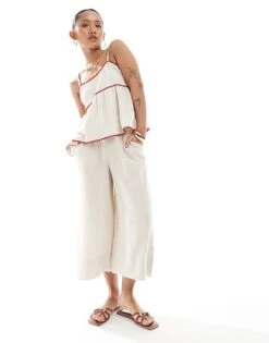 New Look Petite Cropped Linen Trousers In Stone For Women