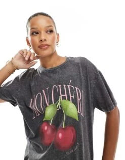 New Look Cherry Print Oversized Acid Wash T-shirt In Grey For Women Dark Grey