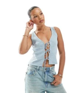 New Look Tie Front Jersey Vest In Blue For Women Mid Blue