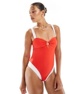 New Look Colour Block Ring Detail Swimsuit In Red For Women Bright Red