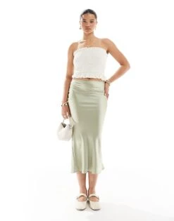 New Look Satin Bias Midi Skirt In Sage Green For Women Light Green