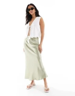 New Look Petite Satin Bias Midi Skirt In Sage Green For Women Light Green