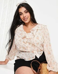 New Look Curve Frill Button Front Blouse In Peach Ditsy Print For Women Multi