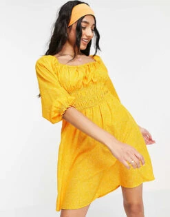 New Look Square Neck Puff Sleeve Midi Dress In Orange Spot Print For Women Orange Pattern