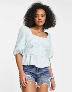 New Look Button Up Tea Blouse In Mint Check For Women Green Pattern