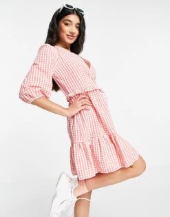 New Look Wrap Tie Tiered Mini Dress In Pink Gingham For Women Pink Pattern