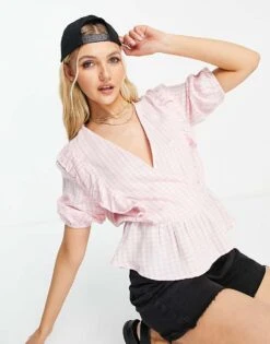 New Look Frill Wrap Blouse In Pink Gingham For Women Pink Pattern