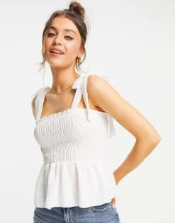 New Look Shirred Tie Strap Cami In Off White For Women