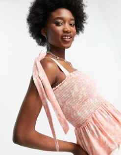 New Look Shirred Tie Strap Cami In Pink Floral For Women Pink Pattern