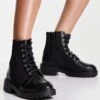 New Look Wide Fit Knitted Lace Up Flat Boot In Black For Women