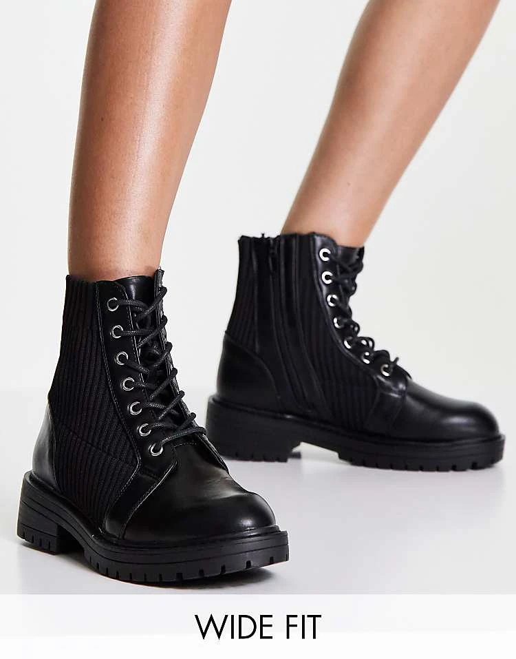 New Look Wide Fit Knitted Lace Up Flat Boot In Black For Women