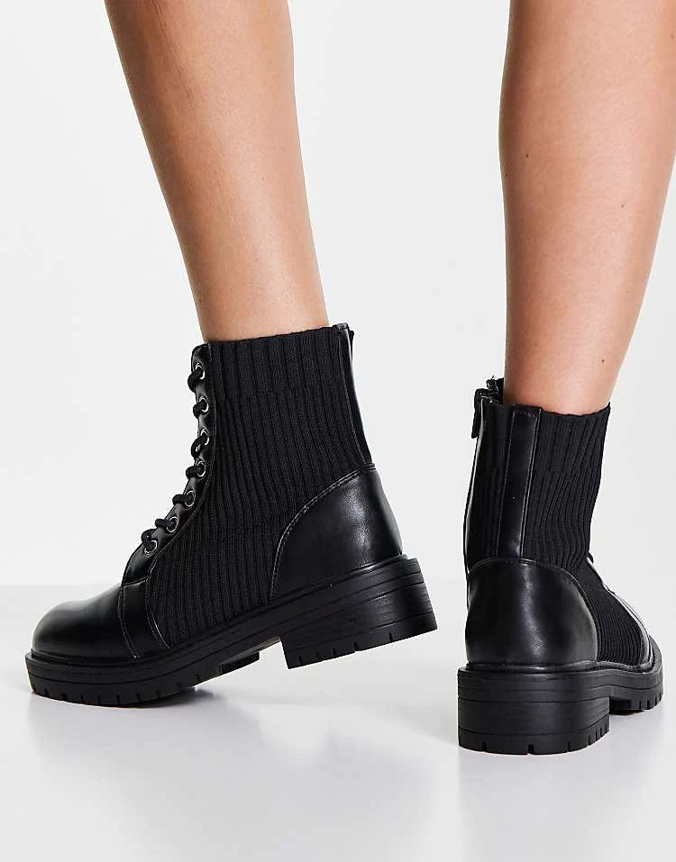 New Look Wide Fit Knitted Lace Up Flat Boot In Black For Women - Image 3
